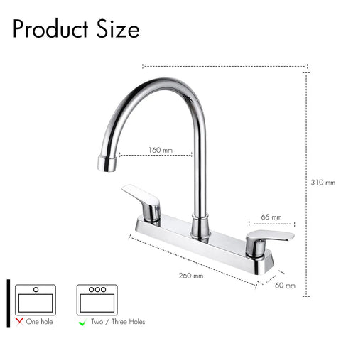 Heavy Duty Two Handle Kitchen Sink Faucet Slick Chrome Finish 360 Swivel High Arch Design dimensions shown in product size diagram.