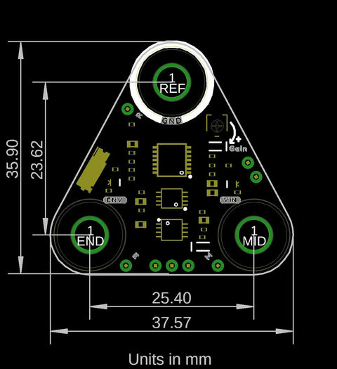 Straight Up Badass Muscle Sensor Module Featuring High Performance Emg Technology With Keyed Snap Plugs For Seamless Arduino Integrations and Totally Dope Biomechanics Prototypes with precise dimensions.