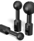 Front view of three black carbide sphere burrs with 5/8-11 threaded shanks for wood carving.