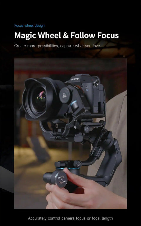 SCORP-C 3-Axis Gimbal Stabilizer for DSLR and Mirrorless cameras holding Sony camera with Magic Wheel Follow Focus