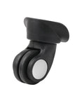 Close-up of black plastic swivel luggage wheel caster with dual wheels for suitcase trolley