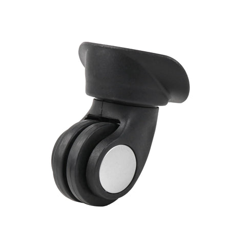 Close-up of black plastic swivel luggage wheel caster with dual wheels for suitcase trolley