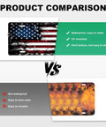 Product comparison of Vintage Americana Flag License Plate Cover For Front Car Decor With Distressed Retro Look And USA Flag Vibe, Includes 4 Screws, Stainless Aluminum Tag In Black And Red, Patriotic Auto Accessory showing waterproof and UV resistant features versus non-waterproof alternative.