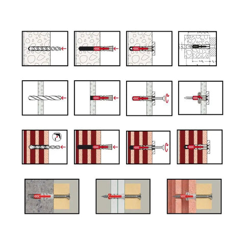 Built Tough Universal Wall Anchors For Concrete And Brick Featuring Auto Expanding Core installation instructions with various surface examples.