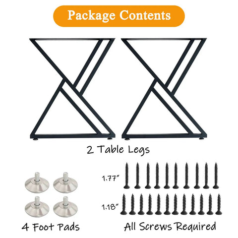 Package contents of Two Pack Beefy Heavy Duty Metal Desk Legs 28 Inch High 20 Inch Wide Matte Black Wrought Iron Tubes