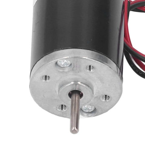 Heavy Duty 24V Permanent Magnet DC Motor Delivering Real Torque And Snappy Adjustable Speed With Rock Solid All Metal Aluminum Brass Gears For Ventilation And Heater Systems, close-up view showing shaft and metal casing.