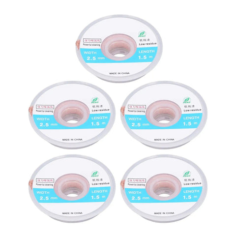 5 Piece Copper Solder Wick Set For Clean Desoldering On PCBs High Efficiency No Clean Solder Removal Wire spools displayed