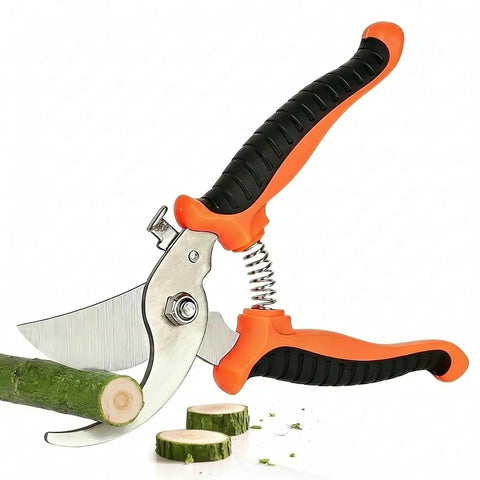 Effortless 7.5 Inch Pruning Shears For Roses And Shrubs With Stainless Steel Blades cutting a branch with soft grip handle