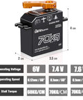Beefy 70Kg High Torque RC Servo With 25T Arm, IP67 Waterproof Full Metal Body, 180 Degree Steering, Heavy Duty, Long Lasting Performance For 1/10, 1/8, 1/5 Scale RC Cars And Trucks. Black 70kg digital servo, 4 cm tall with orange arm.