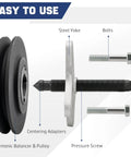 46 Piece Harmonic Balancer Puller Set And Steering Wheel Puller Kit showing steel yoke, bolts, and harmonic balancer pulley.