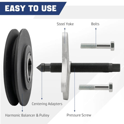 46 Piece Harmonic Balancer Puller Set And Steering Wheel Puller Kit showing steel yoke, bolts, and harmonic balancer pulley.