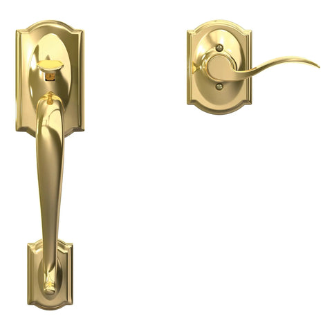 Camelot Lower Half Handleset With Accent Lever And Interior Trim In Bright Brass Left Hand Door Fits 1 3 8 Inch Doors