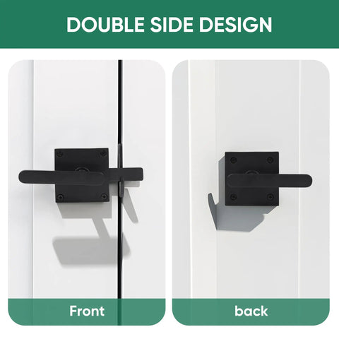 Front and back view of heavy duty left inswing gate latch with dual handles and self locking spring loaded mechanism outdoor fence hardware