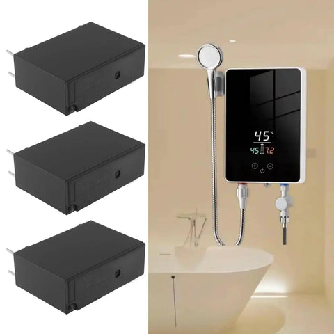 12V DC Relay Module With SPST NO Contact, 5A 250V AC Load Switching displayed beside a digital shower control unit in a bathroom.