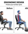 Comparison images of a chair with and without the Under Desk Foot Rest For Office And Gaming Chairs Ergonomic Rocking Footstool With Roller Massager Feet Up Comfort Leg Rest For Chair Computer Desk 13 By 9.6 By 5 Inches All Day Comfort underneath, highlighting ergonomic posture benefits.