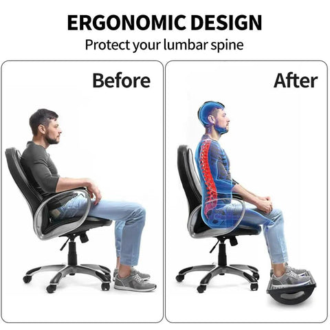 Comparison images of a chair with and without the Under Desk Foot Rest For Office And Gaming Chairs Ergonomic Rocking Footstool With Roller Massager Feet Up Comfort Leg Rest For Chair Computer Desk 13 By 9.6 By 5 Inches All Day Comfort underneath, highlighting ergonomic posture benefits.