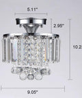 Mini Chrome Crystal Chandelier For Modern Pads, Semi Flush Mount Round Ceiling Light Fixture, close-up dimensions view.