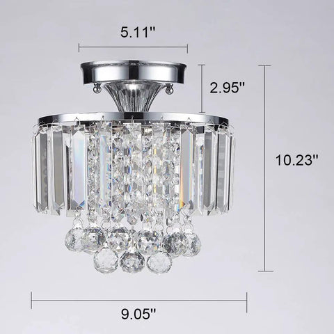 Mini Chrome Crystal Chandelier For Modern Pads, Semi Flush Mount Round Ceiling Light Fixture, close-up dimensions view.