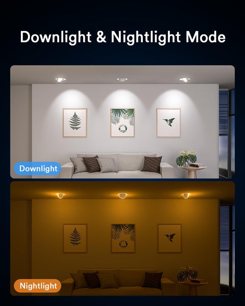 4 Inch LED Recessed Canless Downlights With 360 Degree Swivel And 90 Degree Tilt in downlight and nightlight modes on ceiling