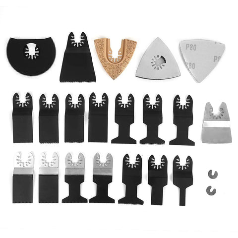 Universal Oscillating Saw Blades Set For Wood Metal Plastic High Carbon Steel 26 Pieces displayed with various blade types.