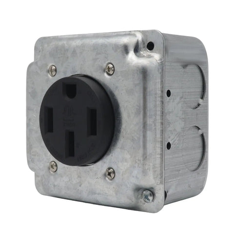 Built Like A Tank 50 Amp Power Outlet Receptacle Nema 14 50R Four Prong Socket in galvanized steel housing.