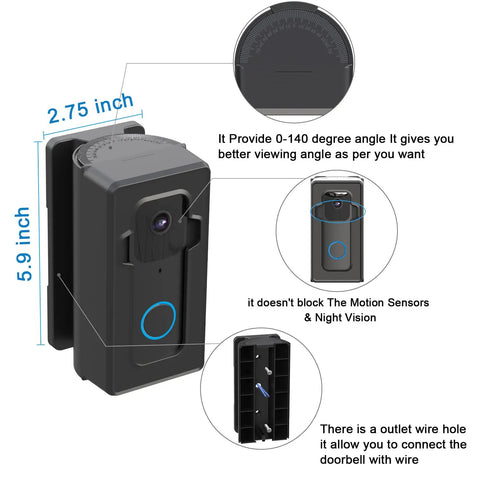 Anti Theft Blink Doorbell Mount With 0 To 140 Degree Angle Adjustment showing dimensions and sensor access