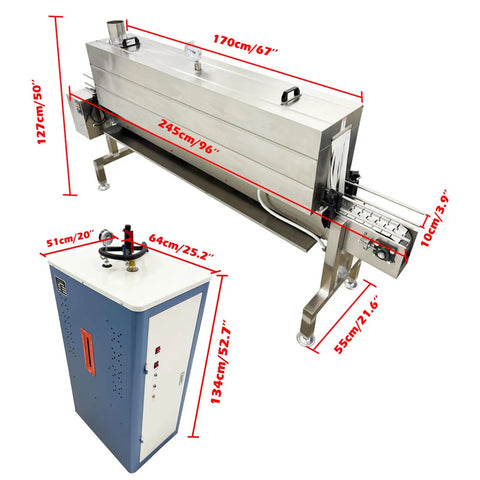 Heavy Duty Steam Bottle Sleeve Label Shrinking Machine With 5.6FT Heat Tunnel And 24KW Generator side view with dimensions.