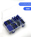 Top Shelf Pneumatic Push To Connect Fittings Kit featuring 62 Pieces Of 6mm OD Air Tube Pipe Connectors For Quick And Easy Tool Free Installation With Secure Sealing Structure And Smooth Release Rings Perfect For Any Garage Or Workshop Setup You Need. 6mm blue fittings in organizer case