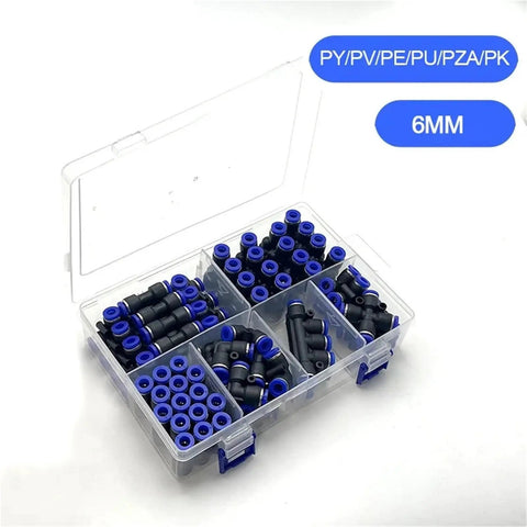 Top Shelf Pneumatic Push To Connect Fittings Kit featuring 62 Pieces Of 6mm OD Air Tube Pipe Connectors For Quick And Easy Tool Free Installation With Secure Sealing Structure And Smooth Release Rings Perfect For Any Garage Or Workshop Setup You Need. 6mm blue fittings in organizer case