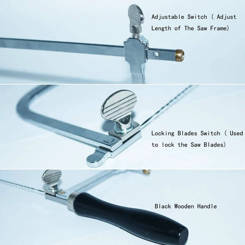Pro Grade Jewelers Saw Frame Kit With 12 Blades showing adjustable switch, locking blades switch, and black wooden handle.