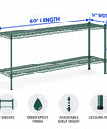 Badass Two Shelf Heavy Duty Wire Shelving Unit, 14x60x27 Green Epoxy NSF Rack For Kitchen Garage, adjustable height shown.