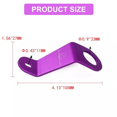 Purple aluminum Beefed Up Radiator Stay Mount Bracket For EG 92-95 Civic, showing dimensions and holes for bolt-on installation.