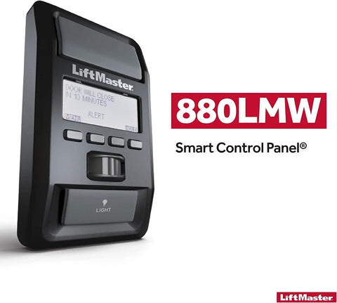 880LMW Smart Control Panel For Garage Doors featuring screen, buttons, and LiftMaster logo