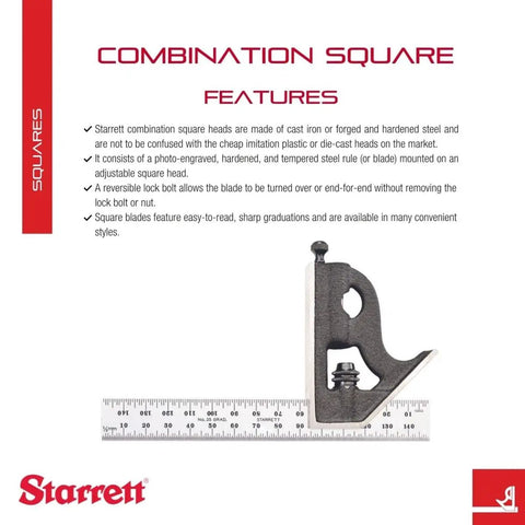 Built Tough Steel Combination Square With Square Head, 150mm Blade, Cast Iron Heads, Hardened Steel, Product Features
