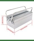 Dang Tough Stainless Steel Tool Box With Rubberized Carry Handle 18 Inch 2 Tier showing dimensions and sturdy design for mechanics.
