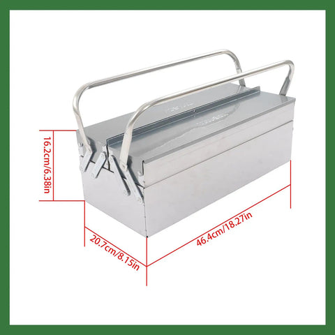 Dang Tough Stainless Steel Tool Box With Rubberized Carry Handle 18 Inch 2 Tier showing dimensions and sturdy design for mechanics.