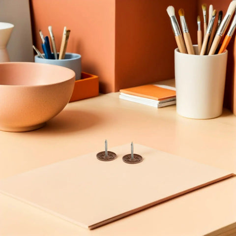Top Tier Round Cap Roofing Nails With Insulation Washers Brown House Wrap Fasteners For Felt Foam Board And Weather Guard Sheathing 200 Piece Kit No Sweat Setup Grip Tight Fit on a desk with a soft background.