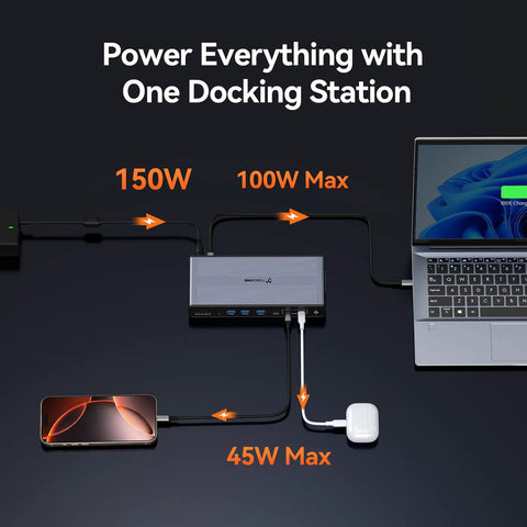 Slick Five Monitor Docking Station With Beefed Up Cooling Fan showing power connections for devices in use.