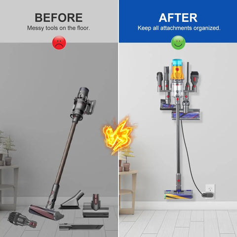 Side-by-side view showing before and after of Accessory Holder For Dyson Cordless Vacuum Docking Station Organizer Fits V15 V11 V10 V8 V7 Outsize Gen5 Absolute Animal Detect No Drill Storage For Attachments And Parts usage.