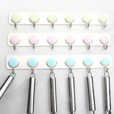 Heavy Duty Reversible Peel and Stick Wall Hooks 2 Pack Stainless Steel Coat Rack Organizer with 6 Hooks Each Swivel Flip 180 Degrees for Mudroom Bathroom Kitchen and Closets in colorful design.