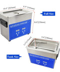 Heavy Duty Digital Ultrasonic Cleaner 3.2L Tank With Basket shown from multiple angles with dimensions for jewelry and dental use.