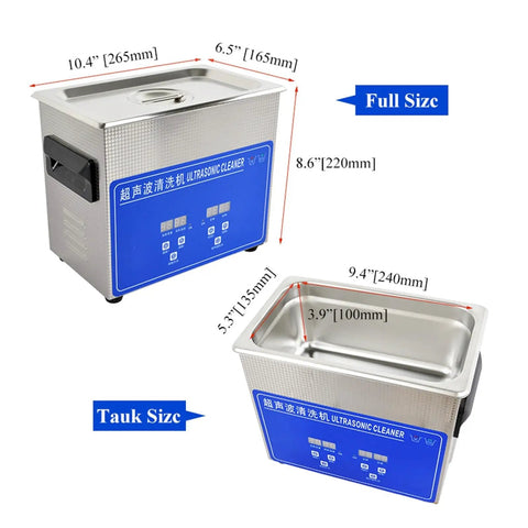 Heavy Duty Digital Ultrasonic Cleaner 3.2L Tank With Basket shown from multiple angles with dimensions for jewelry and dental use.