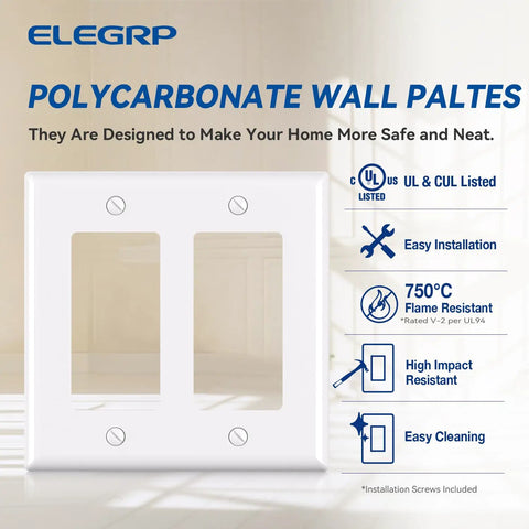 2-Gang Decorator Wall Plate Cover Glossy White, Standard Size 4.53 Inches High By 4.57 Inches Long, UL Listed, Features