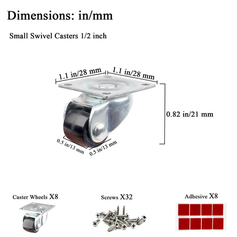 Half Inch Mini Swivel Caster Wheels With Steel Top Plate Self Adhesive Nylon Rolling Casters For Furniture And Small Appliances Low Profile 55 Lb Load Capacity Ideal For Storage Boxes Bins Toy Carts 8 Pack shown with dimensions and accessories