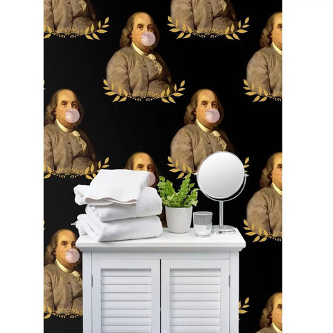 Benjamin Franklin Pvc Free Vintage Hero Wallpaper Featuring Dang Tough Polyester Blend And Rugged Linen Texture Built For High Traffic Zones With Zero Fuss Paste To Paper Install in bathroom setting with towels, mirror, and plant.