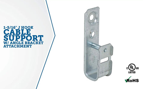 1-5/16 Inch J Hook With Removable Angle Bracket For Ceiling Mounts In Zinc Plated Steel Holds Up To 40 Cat 5e Cables