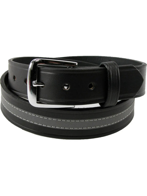 Leather Work Belt With Reflective Safety Stripe 1.5 Inch Wide In Black, Removable Silver Buckle, Made In USA, Built For Job Sites And Daily Heavy Duty Use, Size Up One For Best Fit