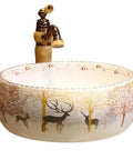 USZWBY Vessel Sinks Bathroom Vessel Sink Nordic Round Ceramic Washbasin with forest art and gold faucet, diameter 44cm.