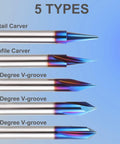Top Shelf 5 Piece Cnc Router Bits Set For Wood Carving Uses Slick Quarter Inch Shank showcasing 5 types of carbide engraving bits.
