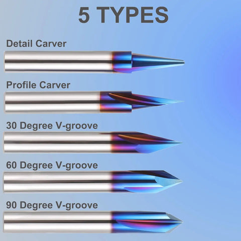 Top Shelf 5 Piece Cnc Router Bits Set For Wood Carving Uses Slick Quarter Inch Shank showcasing 5 types of carbide engraving bits.